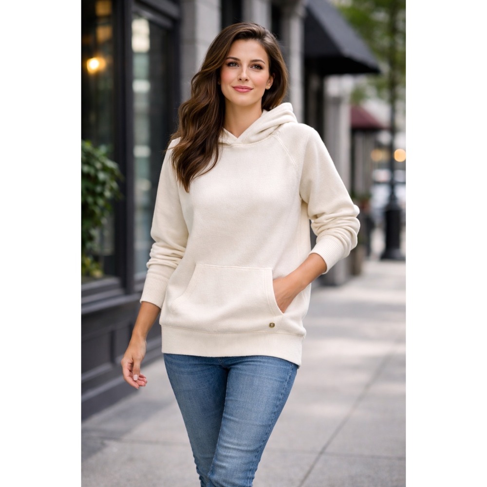 CARLISLE COLLECTION Cream‎ 100% Cashmere Hoodie Sweater Size S Ribbed Gold Logo